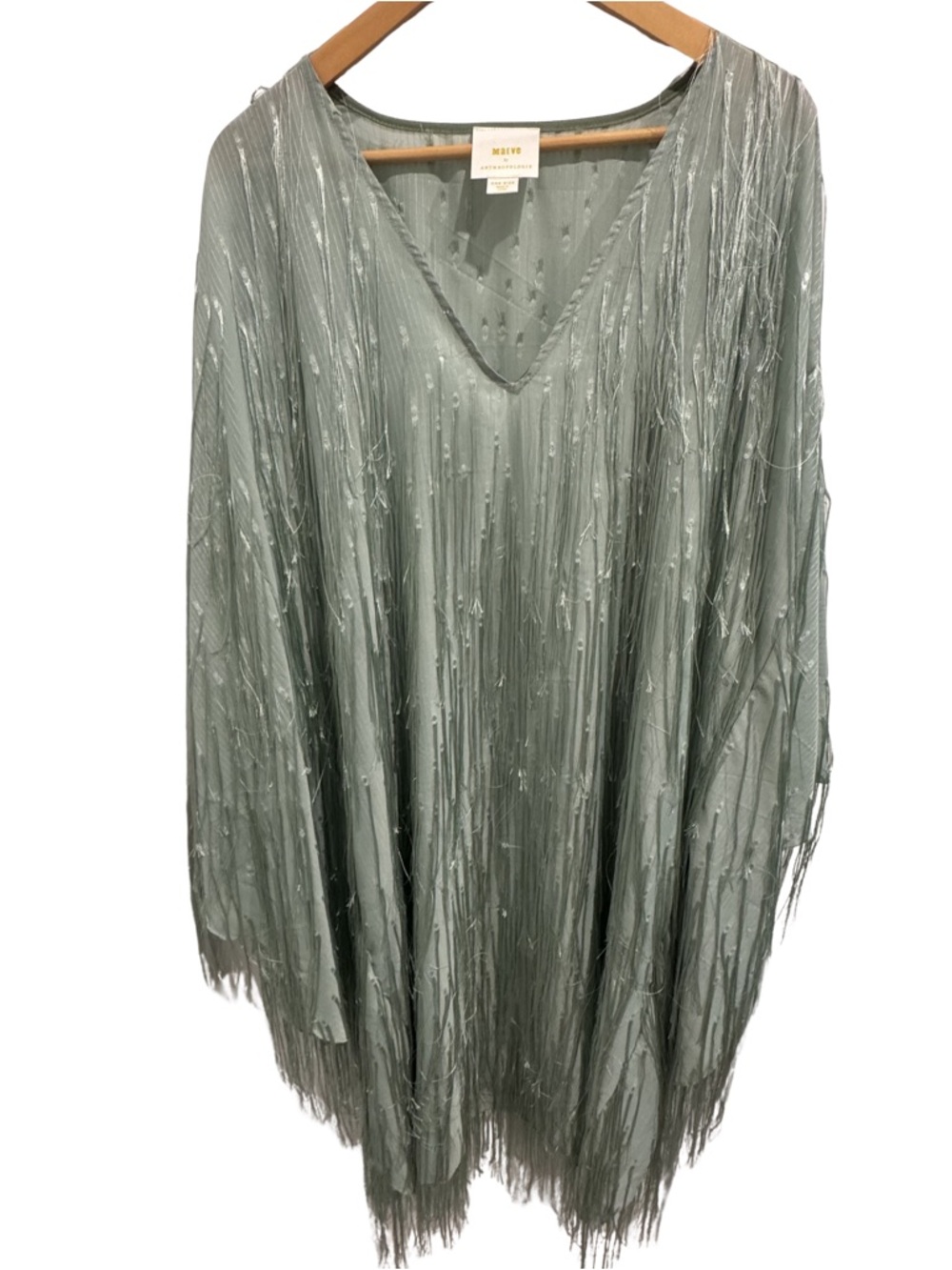 Anthropologie Maeve Fringed Shine Kaftan Sage Green Metallic Fringe Cover Up OS - Picture 3 of 9